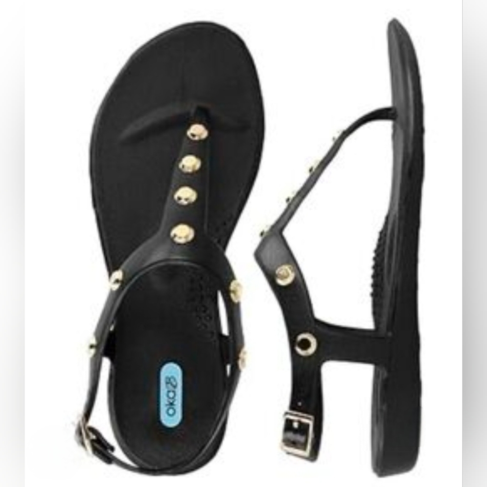 Oka B Black/Gold Studded T-Strap Sandals SIZE 7 Nice SEE PICS!